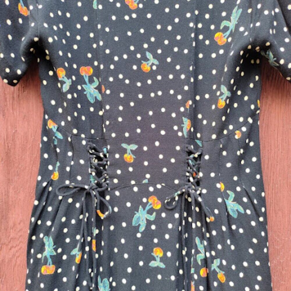 FREE PEOPLE | Polka Dot Cherry Print Midi Dress Lace-Up Corset Retro Mod 8 - Picture 9 of 15